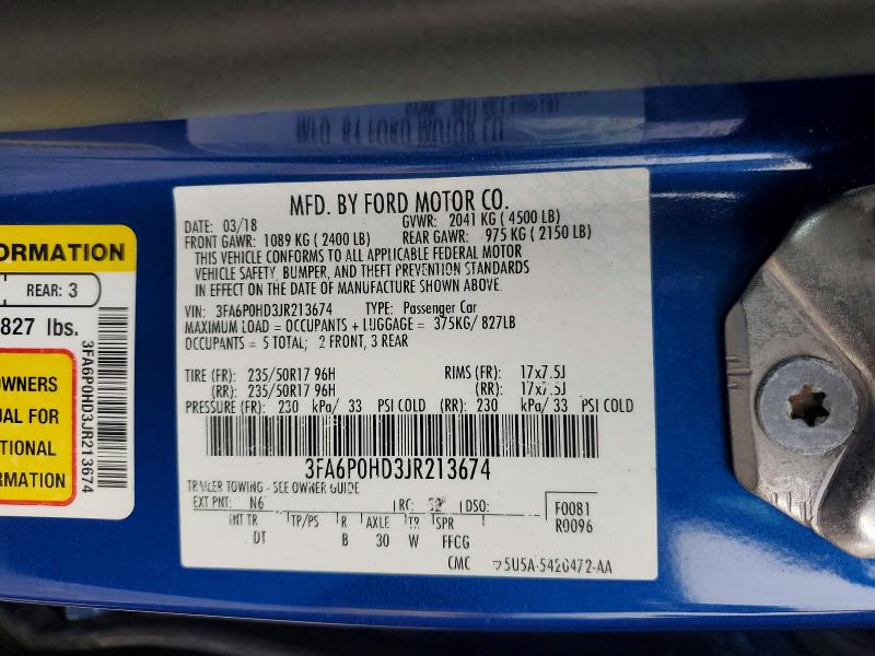 Продаж на аукціоні авто 2018 Ford Fusion, vin: 3FA6P0HD3JR213674, номер лоту: 52958526