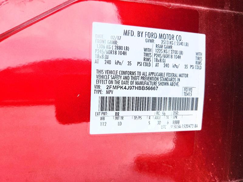 52618706 :رقم المزاد ، 2FMPK4J97HBB56667 vin ، 2017 Ford Edge مزاد بيع