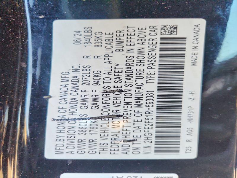 53578546 :رقم المزاد ، 2HGFE2F51RH593081 vin ، 2024 Honda Civic مزاد بيع