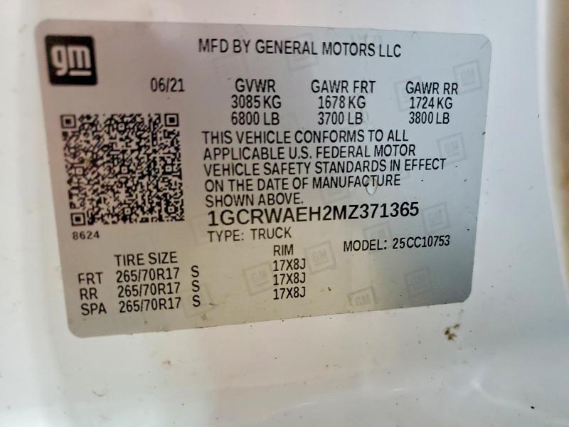 2021 Chevrolet Silverado მანქანა იყიდება აუქციონზე, vin: 1GCRWAEH2MZ371365, აუქციონის ნომერი: 52170296