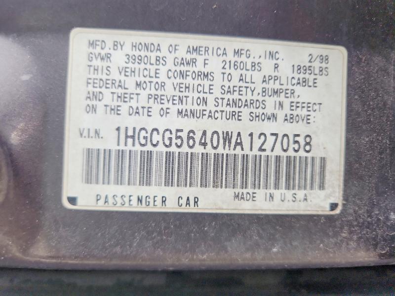 1998 Honda Accord მანქანა იყიდება აუქციონზე, vin: 1HGCG5640WA127058, აუქციონის ნომერი: 54503856