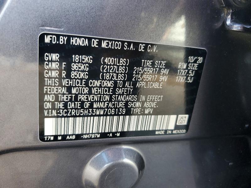 53496406 :رقم المزاد ، 3CZRU5H33MM706139 vin ، 2021 Honda Hr-v مزاد بيع
