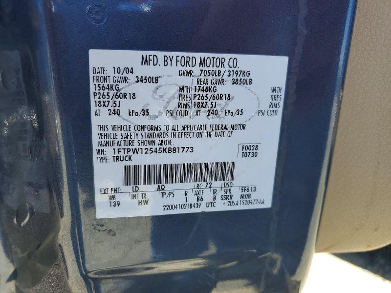 53794236 :رقم المزاد ، 1FTPW12545KB81773 vin ، 2005 Ford F150 مزاد بيع