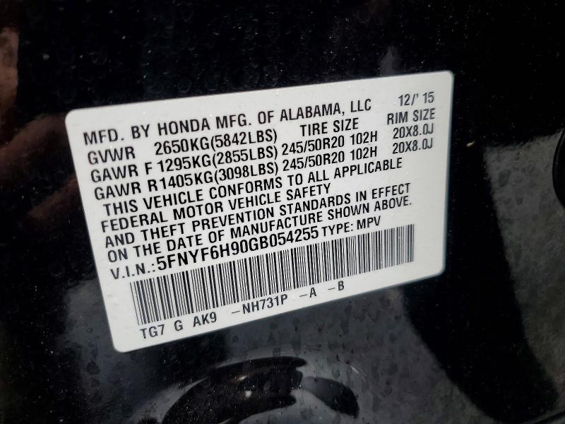 Aukcja sprzedaży 2016 Honda Pilot, vin: 5FNYF6H90GB054255, numer aukcji: 54617866