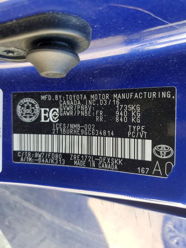 2016 Toyota Corolla მანქანა იყიდება აუქციონზე, vin: 2T1BURHE9GC634814, აუქციონის ნომერი: 50894976