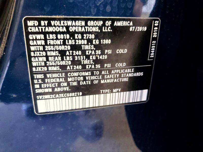 2019 Volkswagen Atlas მანქანა იყიდება აუქციონზე, vin: 1V2NR2CA2KC588219, აუქციონის ნომერი: 52806116