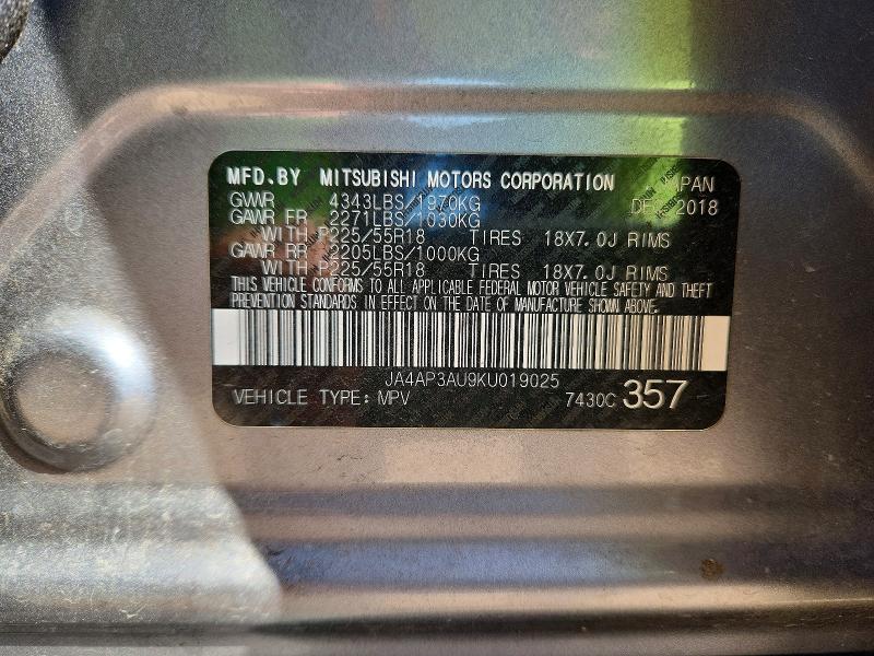 53125336 :رقم المزاد ، JA4AP3AU9KU019025 vin ، 2019 Mitsubishi Outlander Sport مزاد بيع