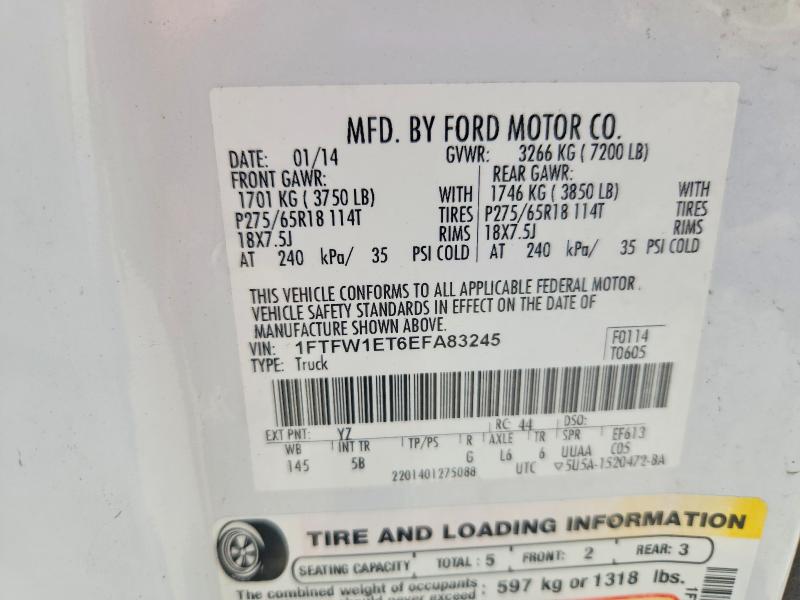 52971796 :رقم المزاد ، 1FTFW1ET6EFA83245 vin ، 2014 Ford F150 مزاد بيع