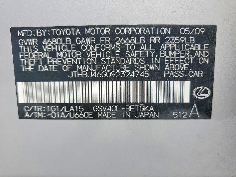 2009 Lexus Es მანქანა იყიდება აუქციონზე, vin: JTHBJ46G092324745, აუქციონის ნომერი: 53527816