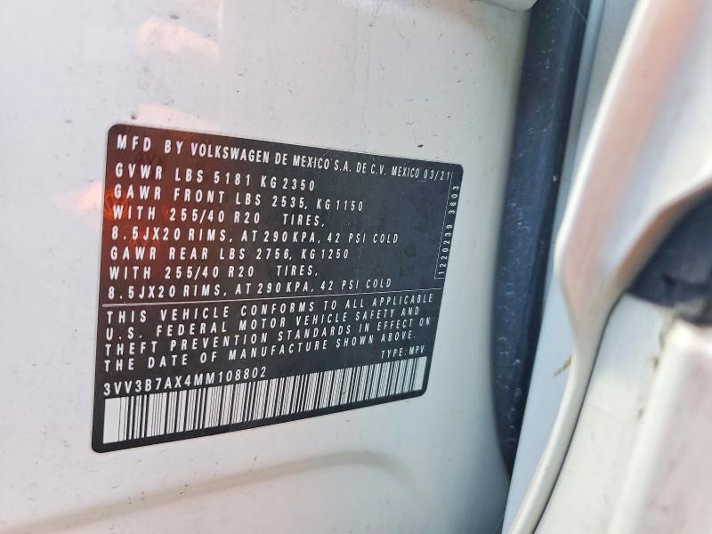 Aukcja sprzedaży 2021 Volkswagen Tiguan, vin: 3VV3B7AX4MM108802, numer aukcji: 52511776