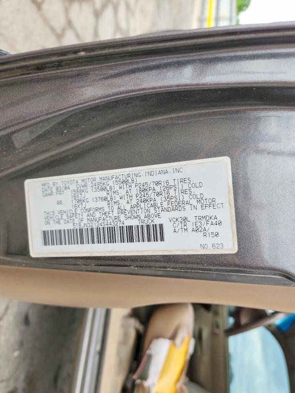 53762746 :رقم المزاد ، 5TBJN32124S443274 vin ، 2004 Toyota Tundra مزاد بيع