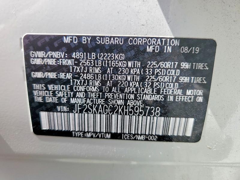 52930646 :رقم المزاد ، JF2SKAGC2KH595738 vin ، 2019 Subaru Forester مزاد بيع