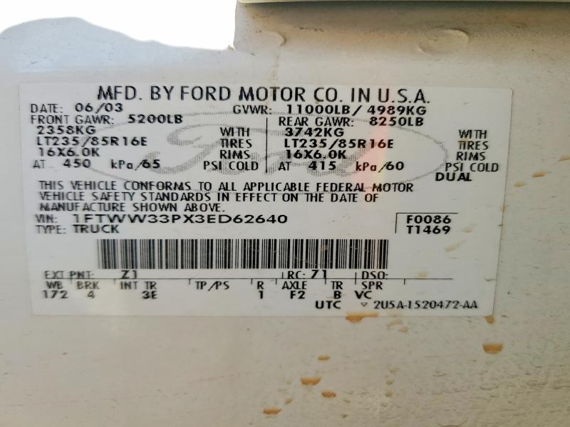 2003 Ford F350 მანქანა იყიდება აუქციონზე, vin: 1FTWW33PX3ED62640, აუქციონის ნომერი: 49782056