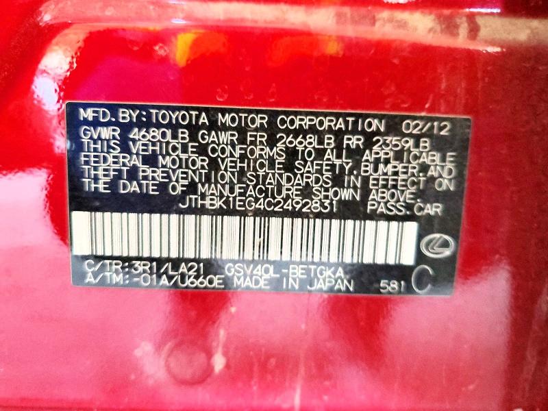 2012 Lexus Es მანქანა იყიდება აუქციონზე, vin: JTHBK1EG4C2492831, აუქციონის ნომერი: 53239056
