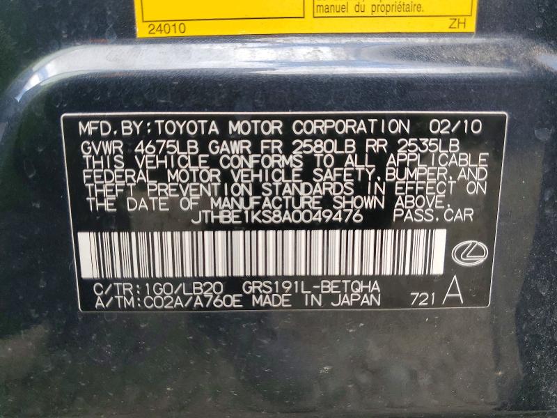 55604766 :رقم المزاد ، JTHBE1KS8A0049476 vin ، 2010 Lexus Gs مزاد بيع