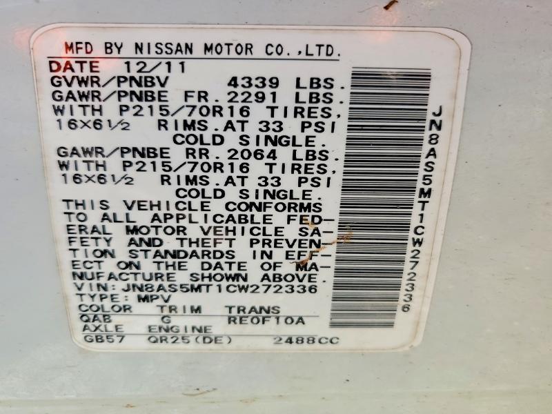 Aukcja sprzedaży 2012 Nissan Rogue, vin: JN8AS5MT1CW272336, numer aukcji: 51646976