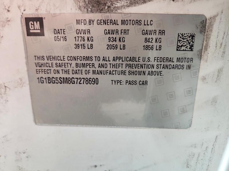 52679906 :رقم المزاد ، 1G1BG5SM8G7278690 vin ، 2016 Chevrolet Cruze مزاد بيع