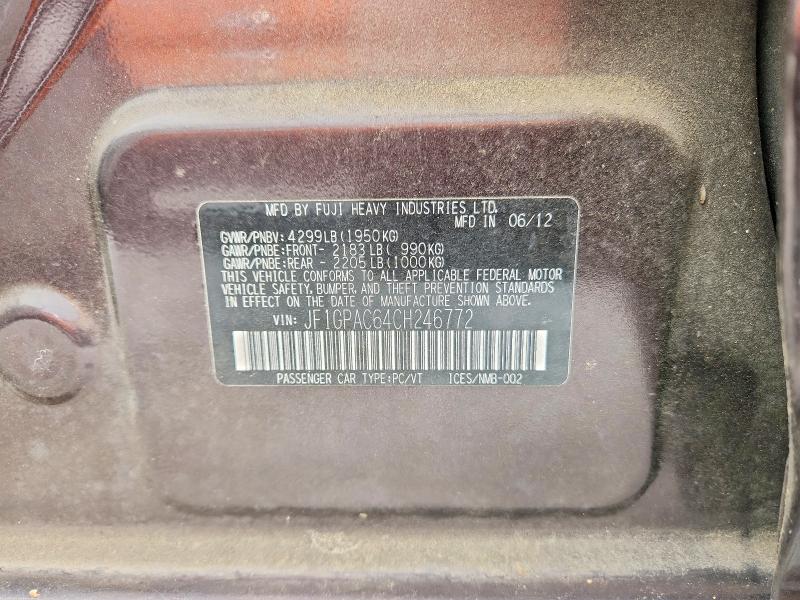 Aukcja sprzedaży 2012 Subaru Impreza, vin: JF1GPAC64CH246772, numer aukcji: 52844746