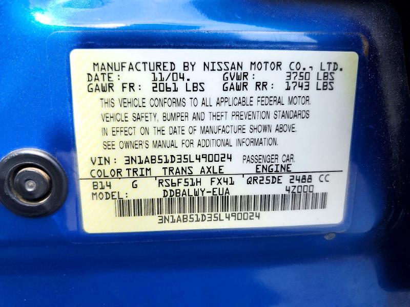 Aukcja sprzedaży 2005 Nissan Sentra, vin: 3N1AB51D35L490024, numer aukcji: 55328276