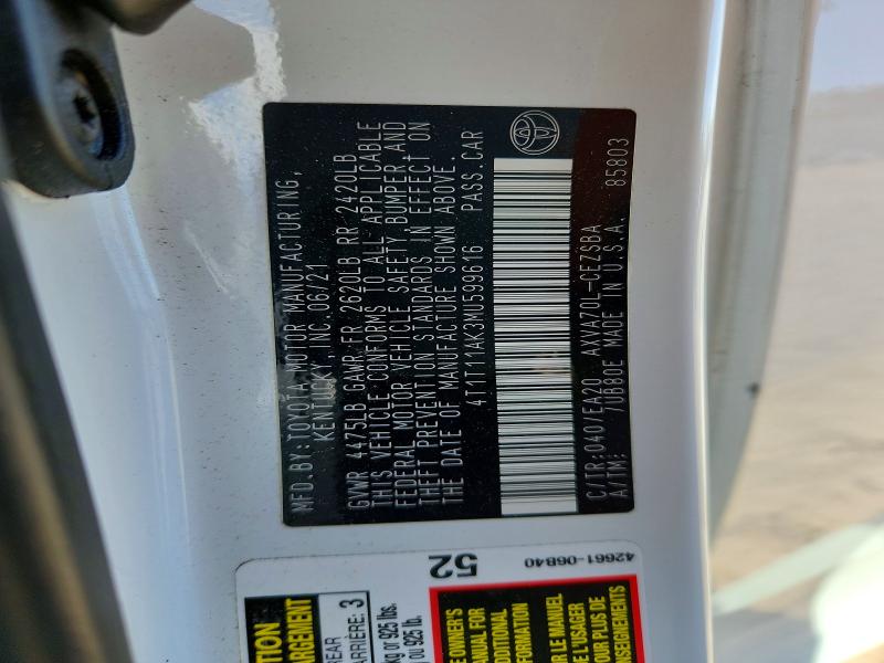 52176156 :رقم المزاد ، 4T1T11AK3MU599616 vin ، 2021 Toyota Camry مزاد بيع
