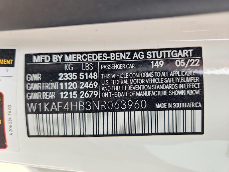 53794246 :رقم المزاد ، W1KAF4HB3NR063960 vin ، 2022 Mercedes-benz C مزاد بيع