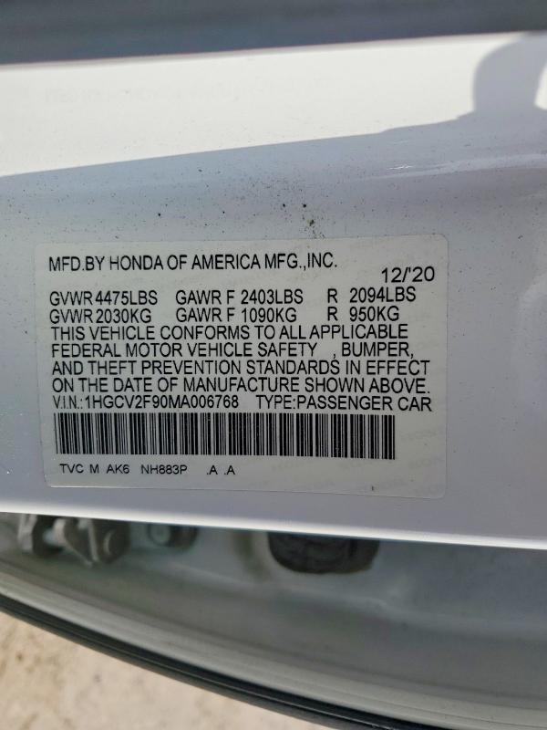 Продаж на аукціоні авто 2021 Honda Accord, vin: 1HGCV2F90MA006768, номер лоту: 52484556