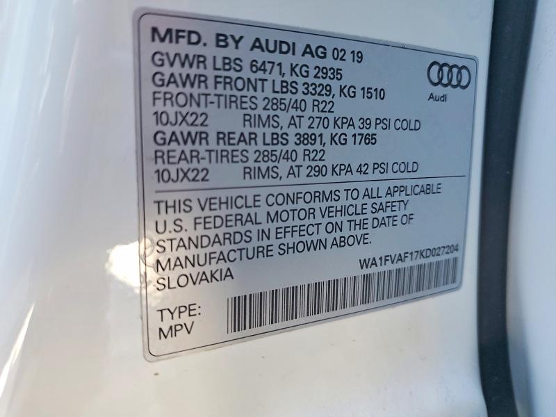 51895696 :رقم المزاد ، WA1FVAF17KD027204 vin ، 2019 Audi Q8 مزاد بيع