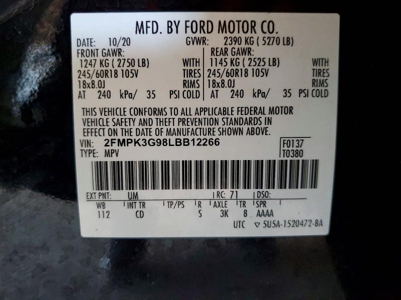 53945516 :رقم المزاد ، 2FMPK3G98LBB12266 vin ، 2020 Ford Edge مزاد بيع