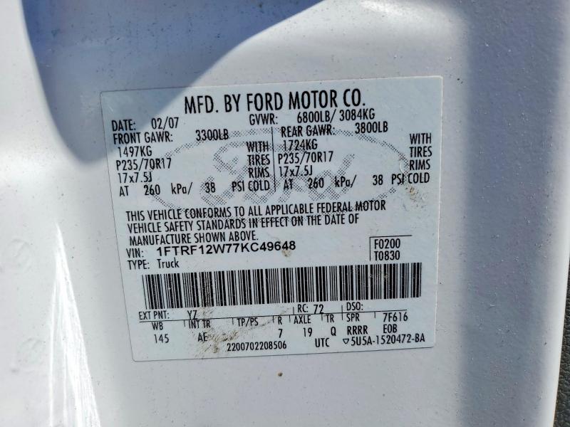 2007 Ford F150 მანქანა იყიდება აუქციონზე, vin: 1FTRF12W77KC49648, აუქციონის ნომერი: 53984416