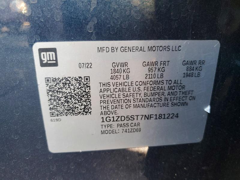 52866006 :رقم المزاد ، 1G1ZD5ST7NF181224 vin ، 2022 Chevrolet Malibu مزاد بيع