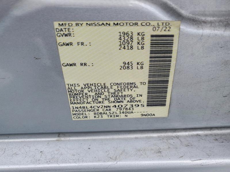 2022 Nissan Altima მანქანა იყიდება აუქციონზე, vin: 1N4BL4CV2NN407395, აუქციონის ნომერი: 54859876