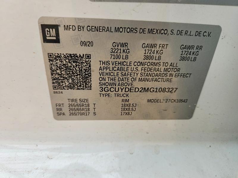 Продаж на аукціоні авто 2021 Chevrolet Silverado, vin: 3GCUYDED2MG108327, номер лоту: 53848496