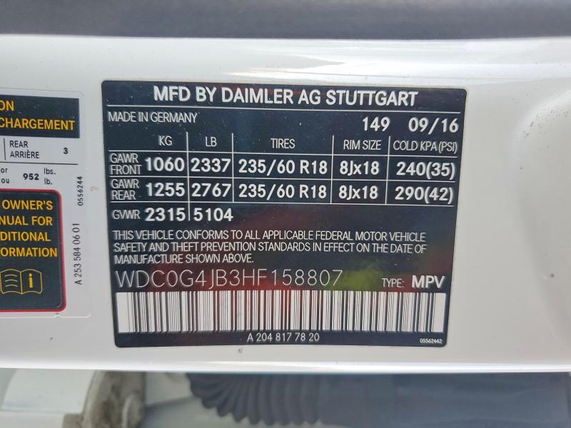 52753836 :رقم المزاد ، WDC0G4JB3HF158807 vin ، 2017 Mercedes-benz Glc مزاد بيع