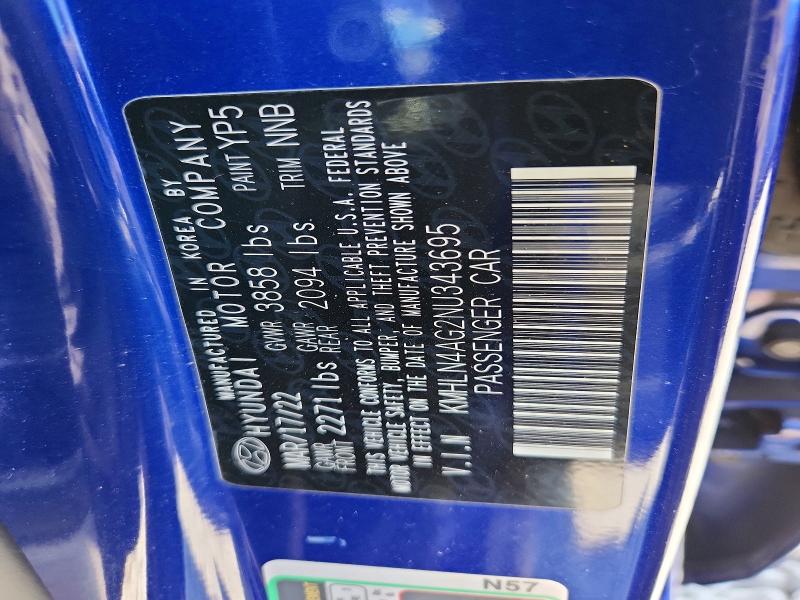 2022 Hyundai Elantra მანქანა იყიდება აუქციონზე, vin: KMHLN4AG2NU343695, აუქციონის ნომერი: 53888996