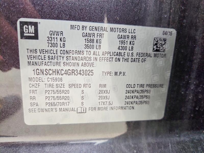Продажа на аукционе авто 2016 Chevrolet Suburban, vin: 1GNSCHKC4GR343025, номер лота: 52240836