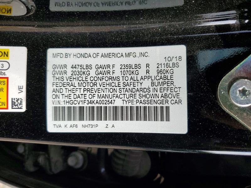 Продажа на аукционе авто 2019 Honda Accord, vin: 1HGCV1F34KA002547, номер лота: 53166906