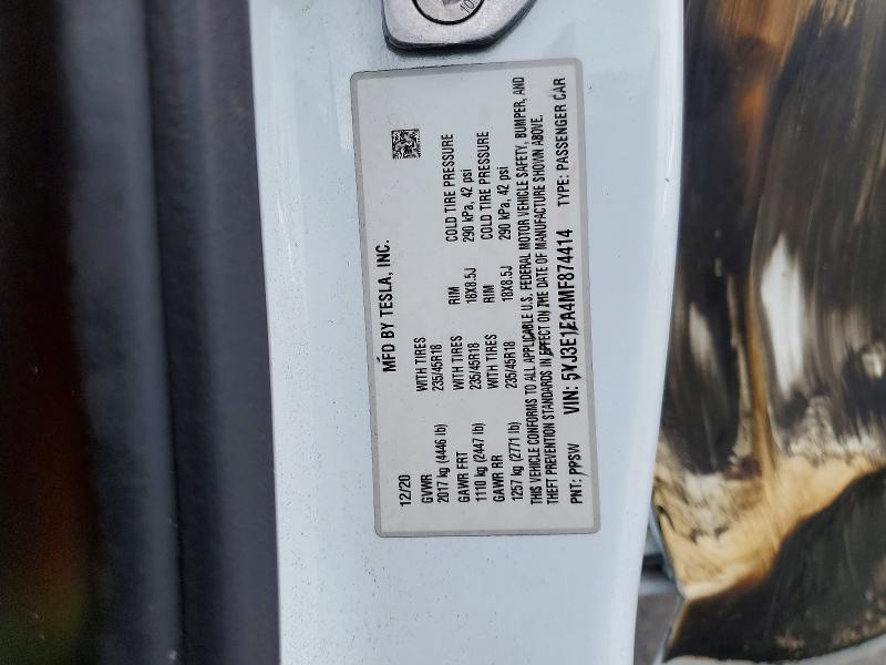 52367006 :رقم المزاد ، 5YJ3E1EA4MF874414 vin ، 2021 Tesla Model 3 مزاد بيع