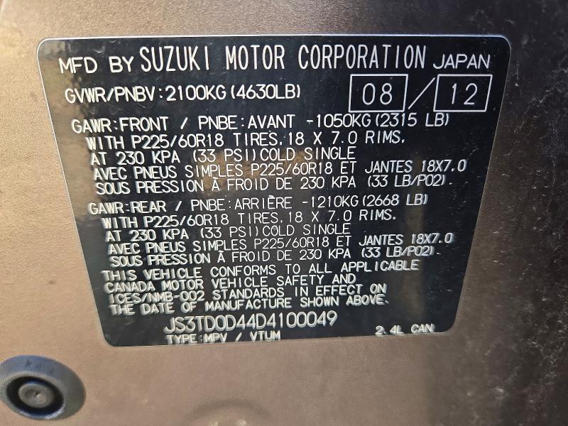 Aukcja sprzedaży 2013 Suzuki Grand Vitara, vin: JS3TD0D44D4100049, numer aukcji: 53792606