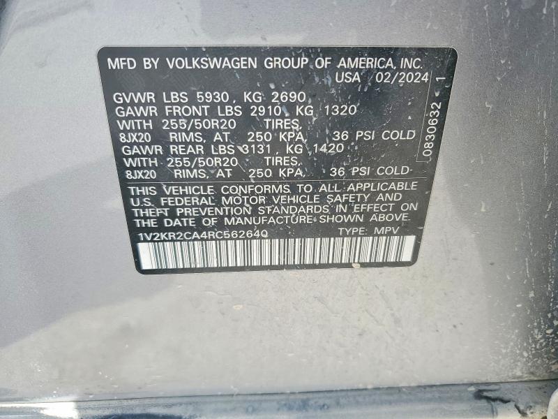 52898856 :رقم المزاد ، 1V2KR2CA4RC562640 vin ، 2024 Volkswagen Atlas مزاد بيع