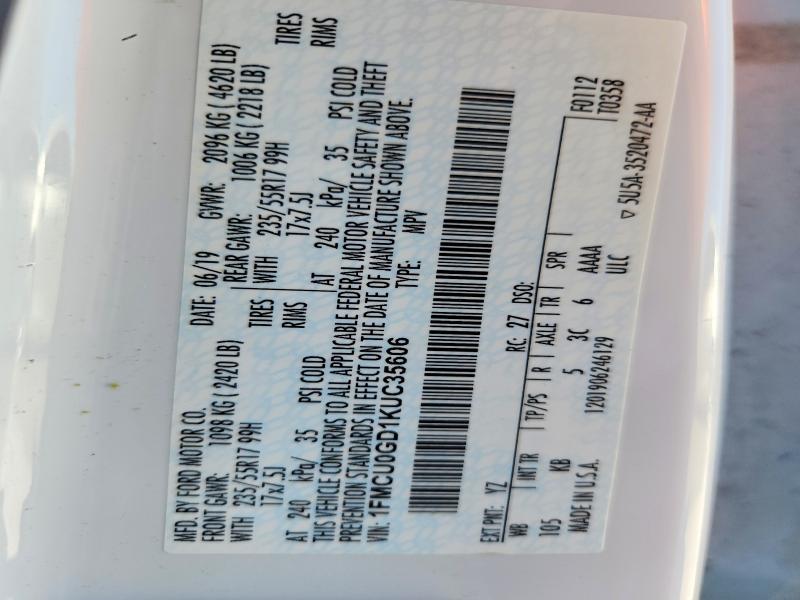 Продажа на аукционе авто 2019 Ford Escape, vin: 1FMCU0GD1KUC35606, номер лота: 53342036