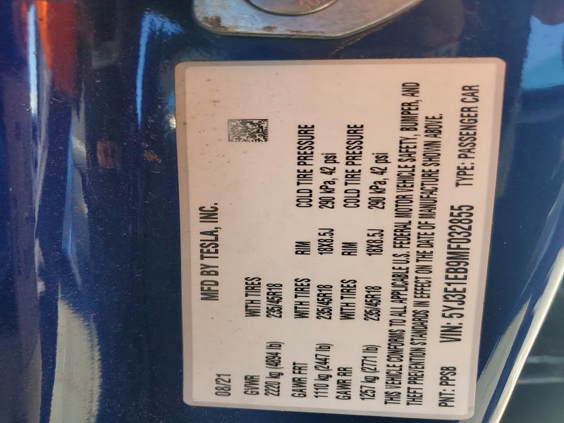 52663156 :رقم المزاد ، 5YJ3E1EB9MF032855 vin ، 2021 Tesla Model 3 مزاد بيع