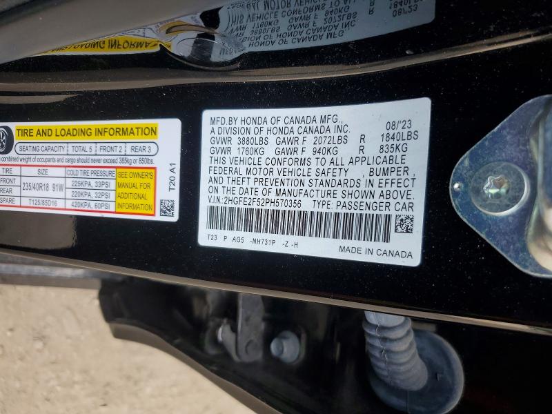 53643976 :رقم المزاد ، 2HGFE2F52PH570356 vin ، 2023 Honda Civic مزاد بيع