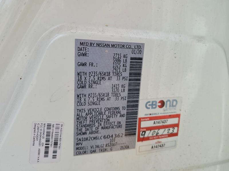 2020 Nissan Pathfinder მანქანა იყიდება აუქციონზე, vin: 5N1DR2CM6LC604362, აუქციონის ნომერი: 52374246