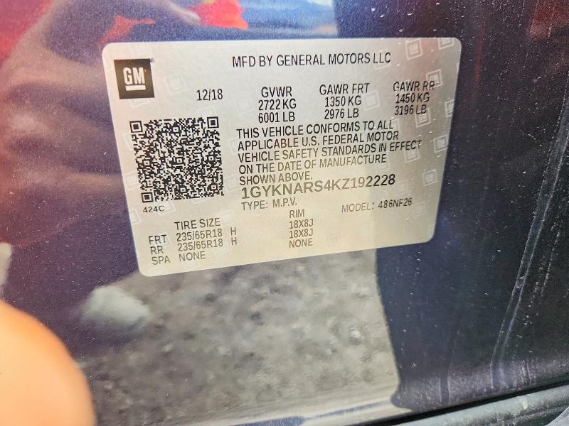 52215736 :رقم المزاد ، 1GYKNARS4KZ192228 vin ، 2019 Cadillac Xt5 مزاد بيع