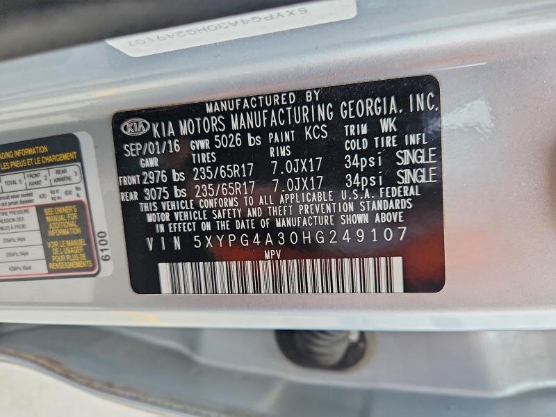 51674236 :رقم المزاد ، 5XYPG4A30HG249107 vin ، 2017 Kia Sorento مزاد بيع