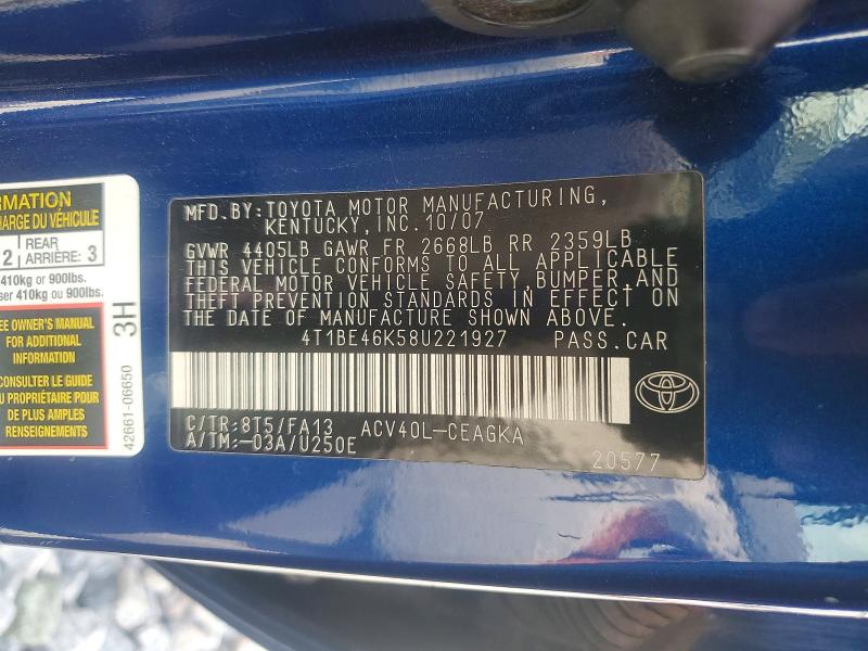 Aukcja sprzedaży 2008 Toyota Camry, vin: 4T1BE46K58U221927, numer aukcji: 52314406