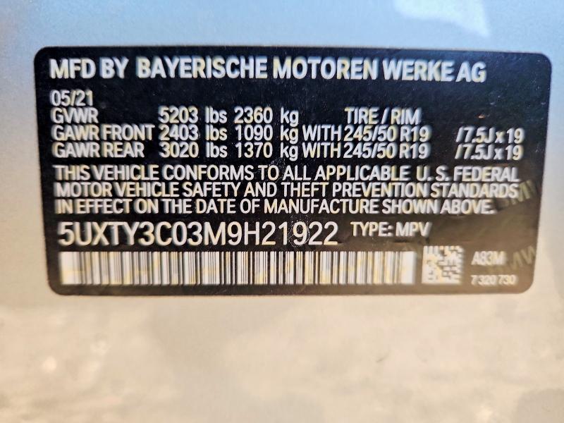 54019296 :رقم المزاد ، 5UXTY3C03M9H21922 vin ، 2021 Bmw X3 مزاد بيع