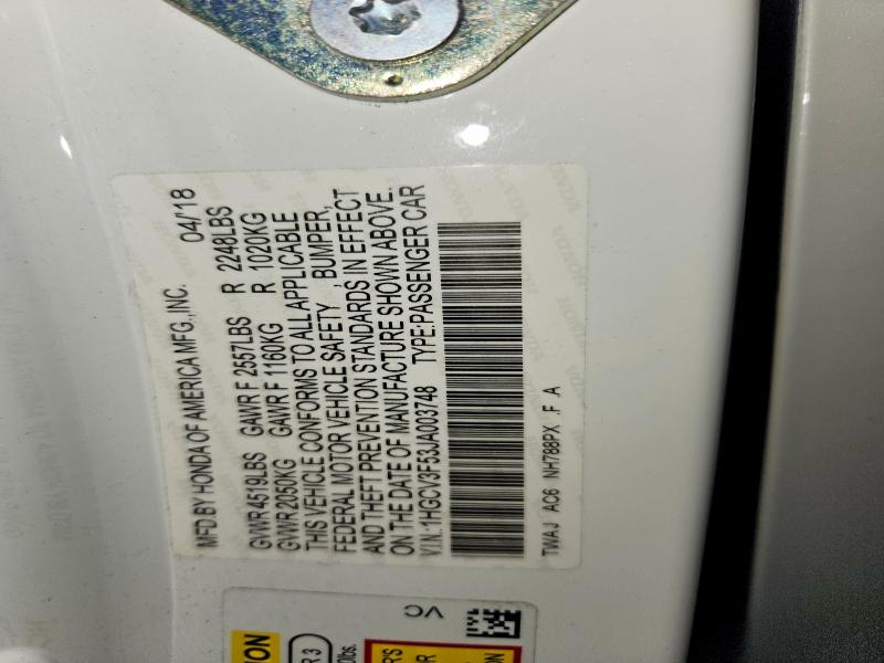 53346006 :رقم المزاد ، 1HGCV3F53JA003748 vin ، 2018 Honda Accord مزاد بيع