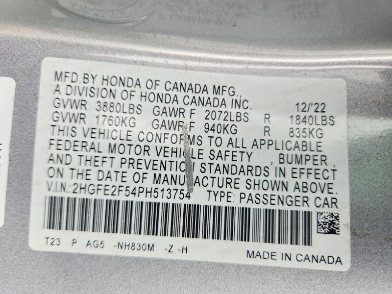 52937196 :رقم المزاد ، 2HGFE2F54PH513754 vin ، 2023 Honda Civic مزاد بيع