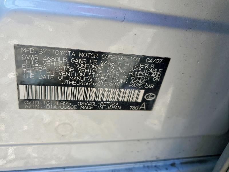 2007 Lexus Es მანქანა იყიდება აუქციონზე, vin: JTHBJ46G572122819, აუქციონის ნომერი: 55551436